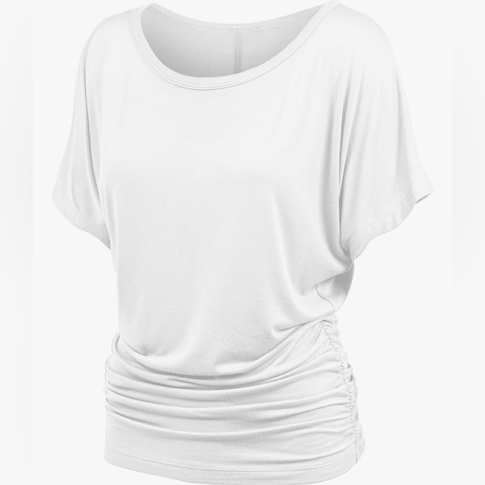 Casual Solid Short Sleeve Boat Neck Dolman Top with Side Shirring -white